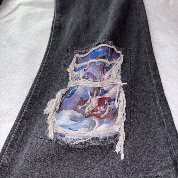 Rebel Vengeance Destroy Jeans Mens 46 Black Distressed Reconstructed Denim Patch - Picture 3 of 7